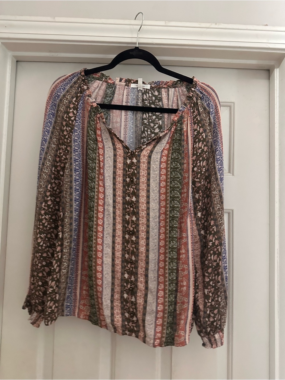 Maurices Multi-Stripe Boho Peasant Blouse - Pink, Green, Blue, Brown
